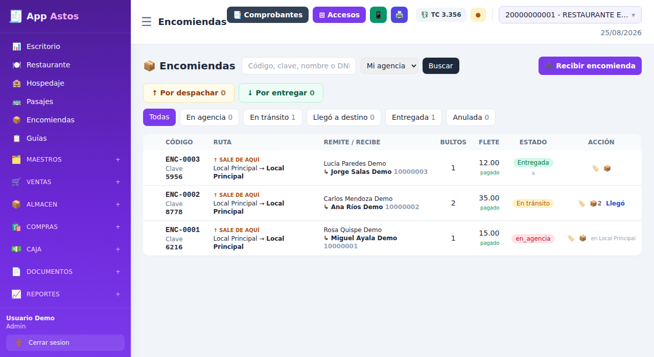 Cada encomienda con su código, su ruta y en qué estado está.