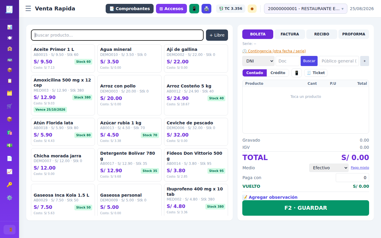 Venta rápida: buscas o escaneas, cobras y la boleta sale sola.